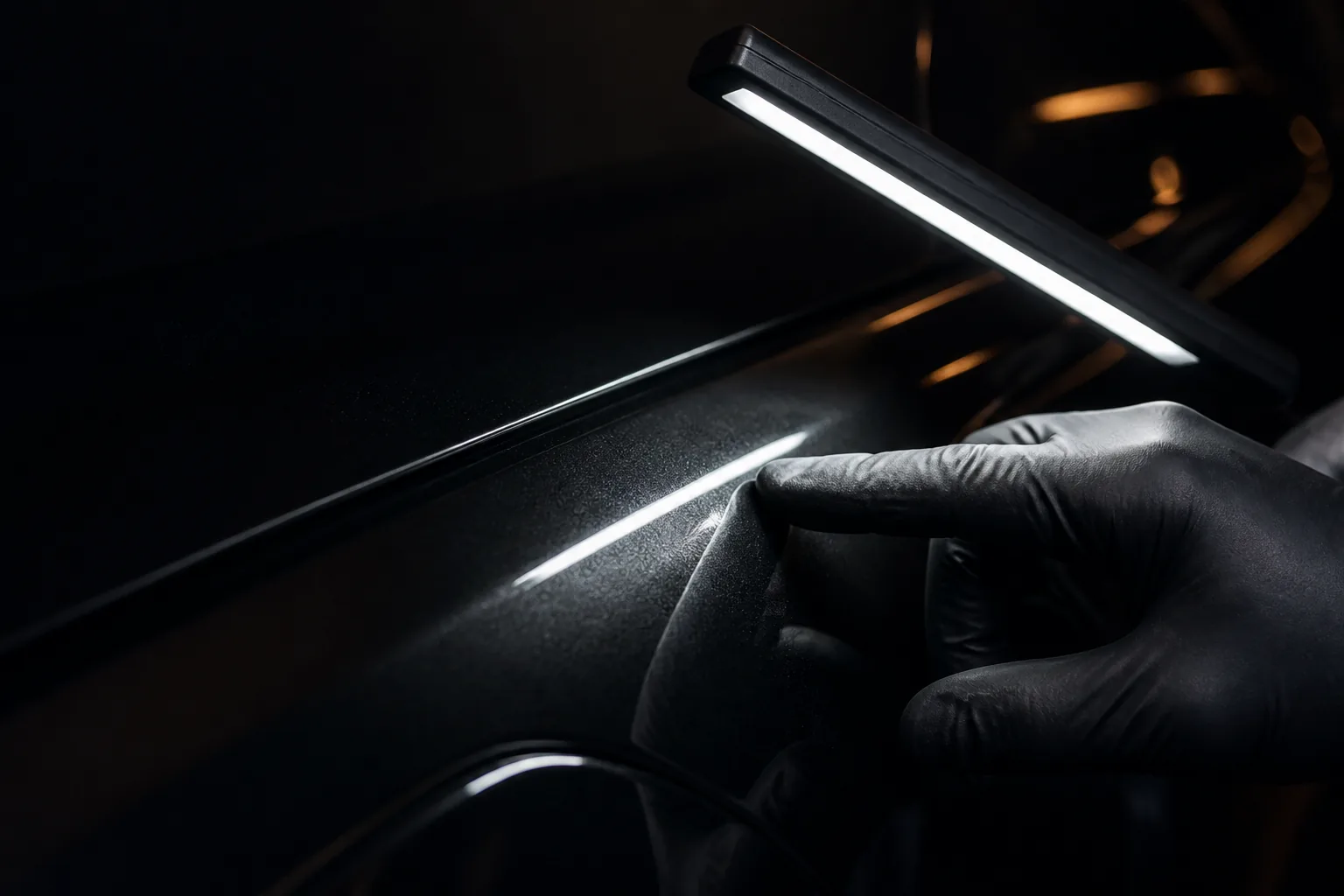 Especialista señalando una pequeña imperfección en la pintura negra bajo una luz de inspección